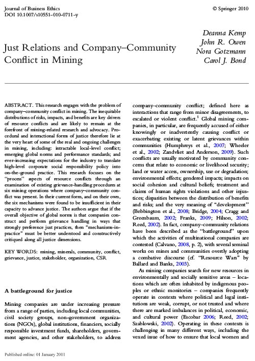 Just Relations and Company–Community Conflict in Mining Article Cover