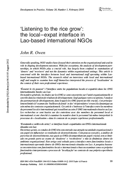 ‘Listening to the rice grow’: the local–expat interface in Lao-based international NGOs Article Cover