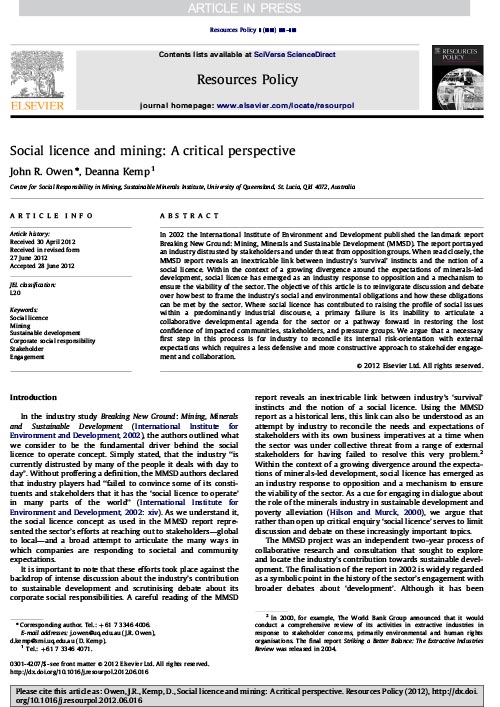 Social licence and mining:A critical perspective Article Cover